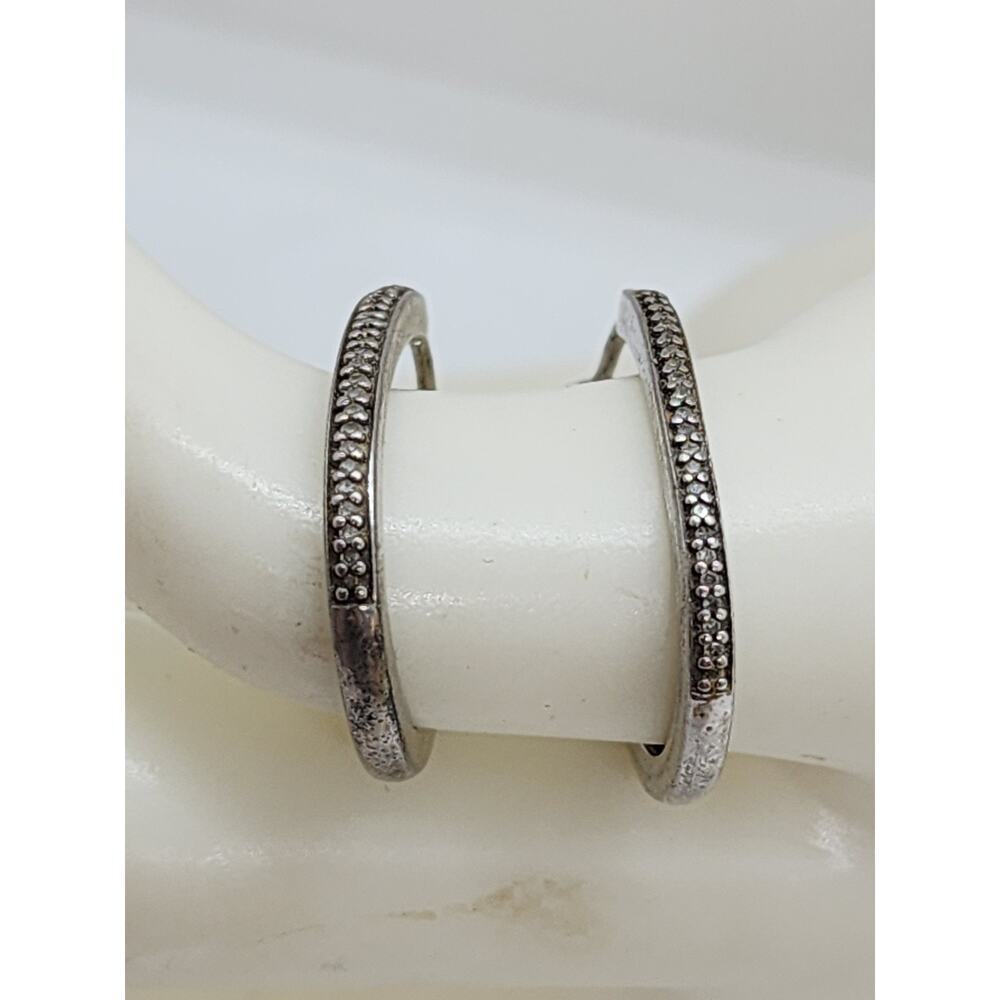 Sterling Silver Diamond Hoop Earrings Pave Set Oval Hoops Vintage Style - Picture 12 of 16
